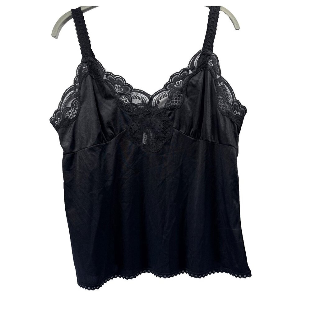 Bali Studio Babydoll Y2K Cami Tank Sz 36 Solid Black Lace‎ Adjustable Nylon 90's